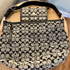 Black & Grey Coach Signature Jacquard Hobo Purse & Wallet